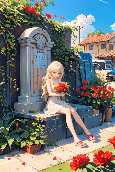  1girl, apple, blonde_hair, blood, book, bouquet, building, camellia, castle, cloud, cross, defloration, dress, falling_petals, flower, hibiscus, holding_flower, leaf, long_hair, orange_flower, outdoors, petals, pink_rose, plant, red_flower, red_rose, rose, rose_petals, sitting, sky, spider_lily, stairs, strawberry, thorns, tombstone, tower, tulip, vase, vines, watering_can, wind, (/qingning/), (\MBTI\), babata