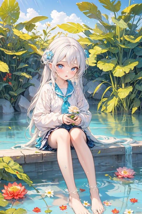  loli,petite,long hair,floating hair,messy hair,1girl,white hair, white jacket,afloat, air bubble, bathtub, beach, berry, blue eyes, blue flower, bouquet, bow, braid, bubble, camellia, caustics, clover, coral, daisy, floral background, flower, food, fruit, hibiscus, horizon, hydrangea, in water, leaf, lily \(flower\), lily of the valley, lily pad, long sleeves, looking at viewer, lotus, ocean, partially submerged, petals on liquid, pink flower,purple flower, rain, red flower, ripples, rose, sailor collar, shallow water, snowflakes, soaking feet, solo, submerged,waves, white rose, yellow flower, (\MBTI\), (/qingning/), babata