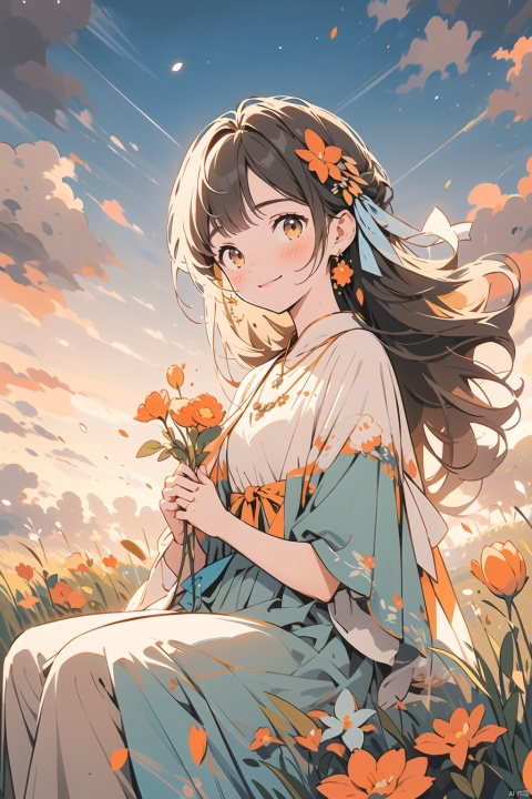  1girl, solo, dress, jewelry, outdoors, hair ornament, long hair, looking at viewer, earrings, sitting, hair flower, holding, blue dress, smile, sky, blush, ribbon, bangs, holding flower, hair ribbon, brown hair, short sleeves, closed mouth, blue ribbon, necklace, sunset, cloud, grass, field, petals, yellow eyes, orange flower, yellow flower, (\MBTI\), (\ji jian\)