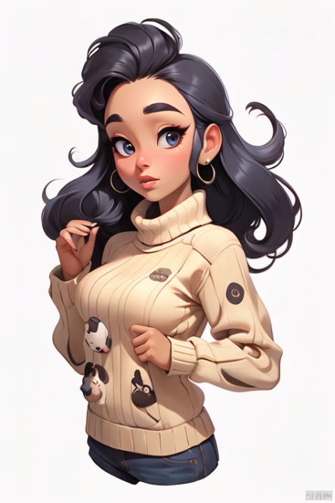 illustrator,realistic,Disney,American_cartoon,practice_piece,1girl, lip, Sweater, order, pure_white_background, long hair, Textured crop, d, big head, game interface,