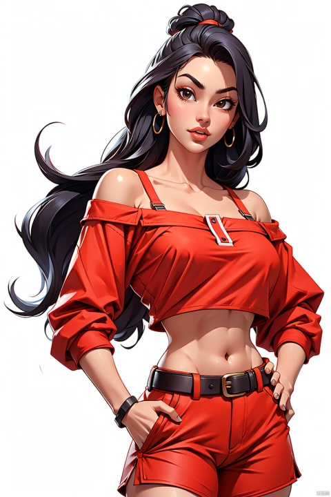 1girl,  long_hair, Wrist Straps,looking_at_viewer, solo, Off shoulder,upper_body,Detail face,Abdomen,Navel,Shorts, Belt, red_Shirt, Hand on Hips, Lips,
,pure_white_background, 3DMM
, big head, game interface