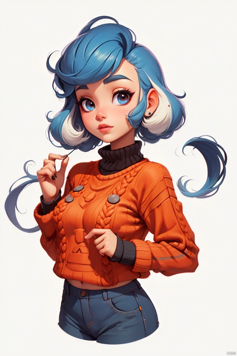 illustrator,realistic, 1girl, lip, Sweater, order, pure_white_background, Neon hair, Textured crop, Canadian, big head, game interface,disney