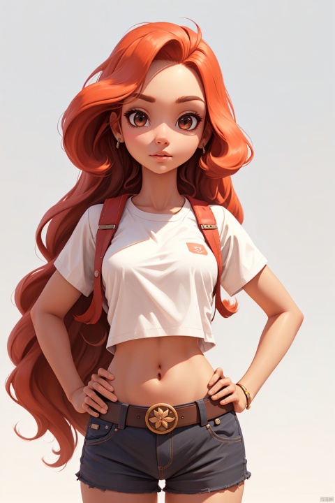  1girl, red_long_hair, Wrist Straps,looking_at_viewer, upper_body,Detail face,Abdomen,Navel,Shorts, Belt, Shirt, Hand on Hips, Lips,
,pure_white_background, 3DMM
, big head, game interface,disney, disney