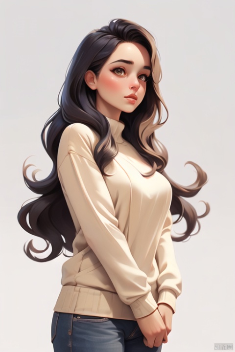  illustrator,realistic,Disney,American_cartoon,Western cowboy,practice_piece,1girl, lip, Sweater, order, pure_white_background, long hair, Textured crop, d, big head, game interface,