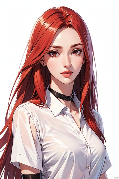  1girl, red_long_hair, Wrist Straps,looking_at_viewer, solo, oversized_shirt,collar,Order,upper_body,Detail face,Lips,
,pure_white_background