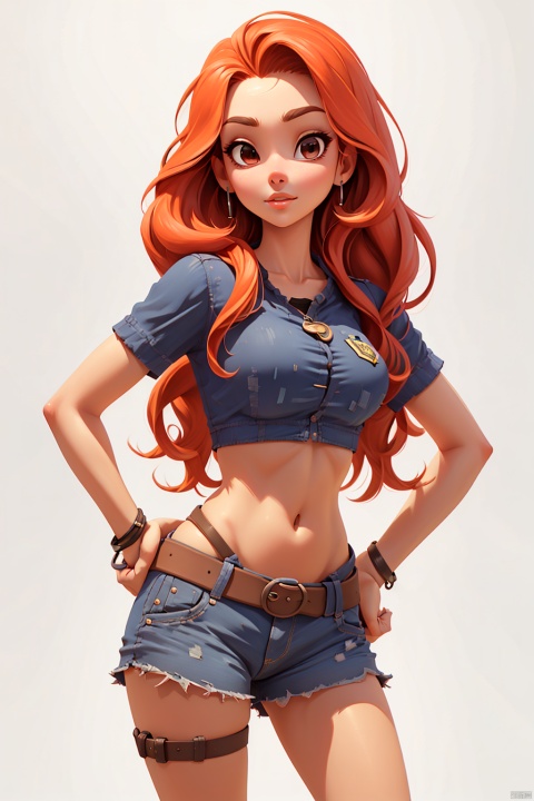  1girl, red_long_hair, Wrist Straps,looking_at_viewer, upper_body,Detail face,Abdomen,Navel,Shorts, Belt, Shirt, Hand on Hips, Lips,
,pure_white_background, 3DMM
, big head, game interface,disney, disney