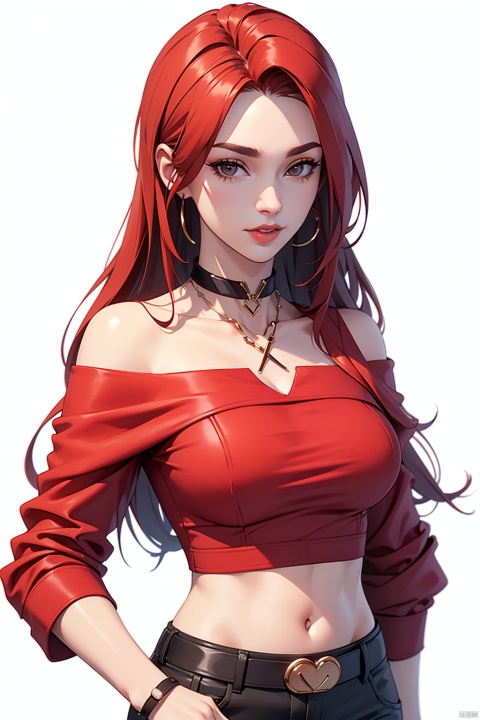  1girl, red_long_hair, Wrist Straps,looking_at_viewer, solo, Off shoulder,collar,upper_body,Detail face,Abdomen,Navel,Shorts, Belt, red_Shirt, Hand on Hips, Lips,
,pure_white_background, 3DMM
, big head, game interface