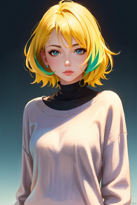  illustrator, anime, realistic, 1girl, lip, Sweater, order, Yellow gradient background, Neon hair, Textured crop, Canadian, (masterpiece, best quality)
