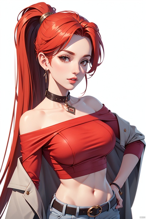  1girl, red_long_hair, Wrist Straps,looking_at_viewer, solo, Off shoulder,collar,Coat,Order,upper_body,Detail face,Abdomen,Navel,Shorts, Belt, red_Shirt, Hand on Hips, Lips,
,pure_white_background, 3DMM
, big head, game interface