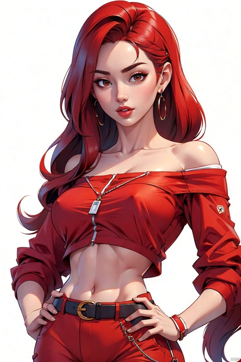1girl,  red_long_hair, Wrist Straps,looking_at_viewer, solo, Off shoulder,upper_body,Detail face,Abdomen,Navel,Shorts, Belt, red_Shirt, Hand on Hips, Lips,
,pure_white_background, 3DMM
, big head, game interface