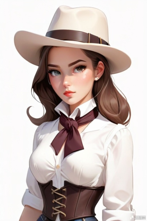 Illustrator,American_Cartoon,1girl,looking_at_viewer,stetson,white_shirt,corset,belt,triangle_scarf,Order,upper_body,,pure_white_background, big_head, HTTP, bianpingshouhui