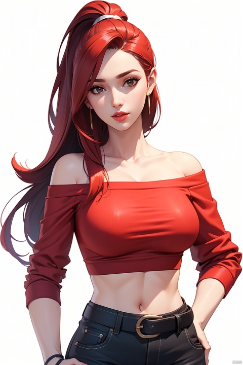  1girl, red_long_hair, Wrist Straps,looking_at_viewer, solo, Off shoulder,upper_body,Detail face,Abdomen,Navel,Shorts, Belt, red_Shirt, Hand on Hips, Lips,
,pure_white_background, 3DMM
, big head, game interface