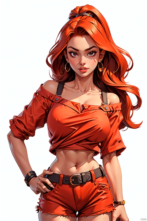 1girl,  red_long_hair, Wrist Straps,looking_at_viewer, solo, Off shoulder,upper_body,Detail face,Abdomen,Navel,Shorts, Belt, red_Shirt, Hand on Hips, Lips,
,pure_white_background, 3DMM
, big head, game interface