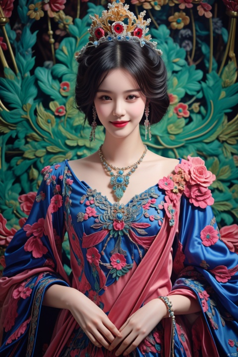  1girl, lace_trim,cloak,hair ornament ,wreath,crown,hair ornament , face,green armor,necklace,earrings,look at the viewer, ,smile, ,<lora:660447313082219790:1.0>