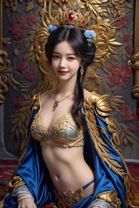  1girl, ,lace_trim,cloak,hair ornament ,wreath,crown,hair ornament , face,golden armor,necklace,earrings,look at the viewer, bikini,nsfw,smile,LAY ON FLOOR,<lora:660447313082219790:1.0>