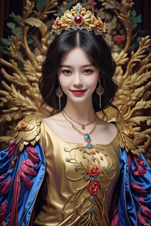  1girl, lace_trim,cloak,hair ornament ,wreath,crown,face,golden armor,necklace,earrings,look at the viewer, ,smile, ,<lora:660447313082219790:1.0>