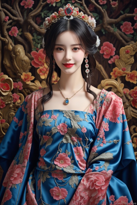  1girl, lace_trim,cloak,hair ornament ,wreath,crown,face,necklace,earrings,look at the viewer,,smile, hanfu ,<lora:660447313082219790:1.0>