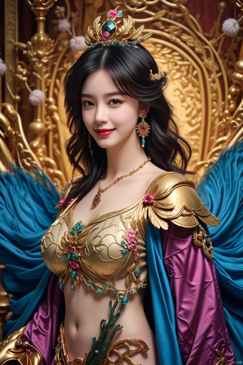  1girl, ,lace_trim,cloak,hair ornament ,wreath,crown,hair ornament , face,golden armor,necklace,earrings,look at the viewer,pink bikini,nsfw,smile, giant_breasts, look back,moyou, green fantasy,<lora:660447313082219790:1.0>