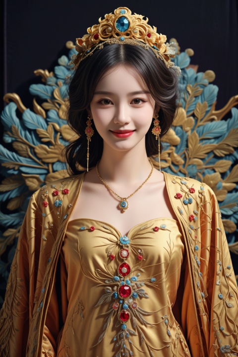  1girl, lace_trim,cloak,hair ornament ,wreath,crown,face,golden shirt,necklace,earrings,look at the viewer, ,smile, ,<lora:660447313082219790:1.0>