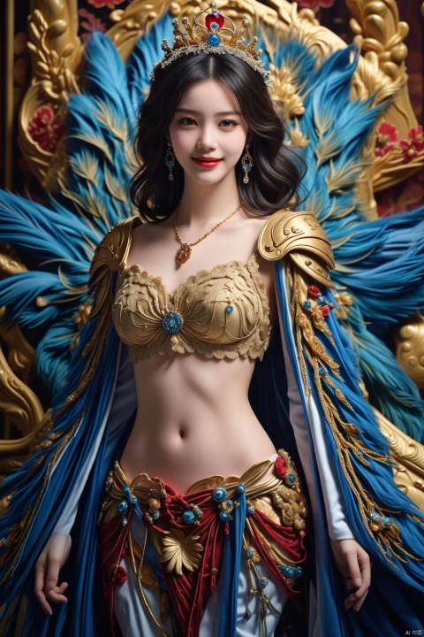  1girl, ,lace_trim,cloak,hair ornament ,wreath,crown,hair ornament , face,golden armor,necklace,earrings,look at the viewer, bikini,nsfw,smile,<lora:660447313082219790:1.0>