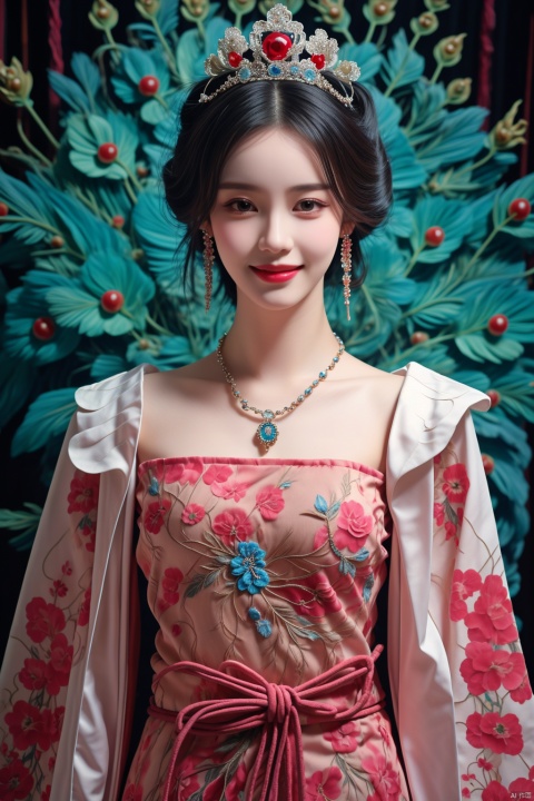  1girl, lace_trim,cloak,hair ornament ,wreath,crown,face,necklace,earrings,look at the viewer,,smile, hanfu ,<lora:660447313082219790:1.0>
