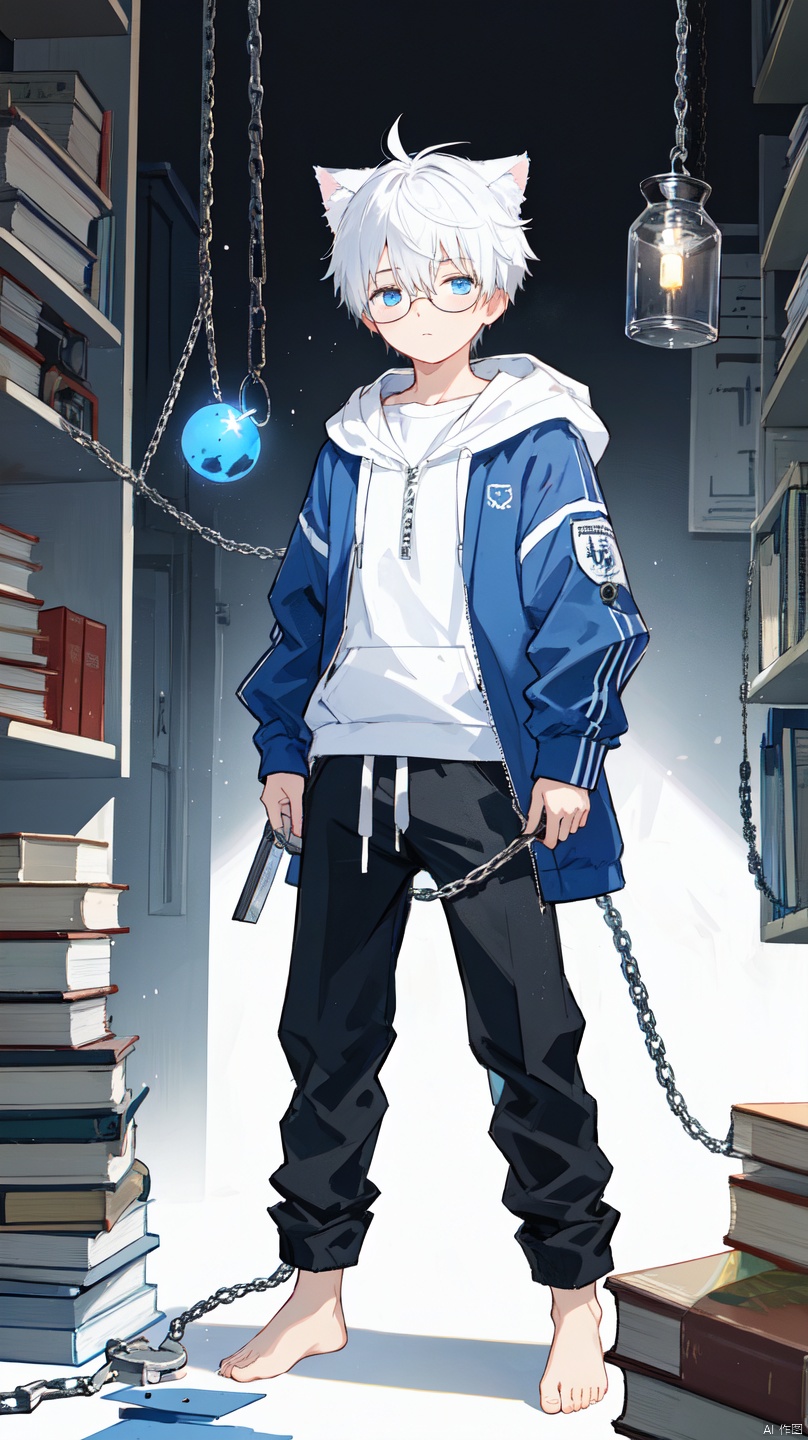  (1boy:1.3), ball and chain restraint,(barefoot:1.1), Cat Ear Boy,white hair, 16 years old, Deep blue open jacket,White hoodie inside, dark blue shorts, bondage, book, bound, broken, broken chain, chain, chained, collar, floating, floating book, floating object,(black glasses:1.2), handcuffs, holding book, metal collar, open book, scar, see-through, shackles, simple background, slave, solo, torn clothes, white background, wrist cuffs,