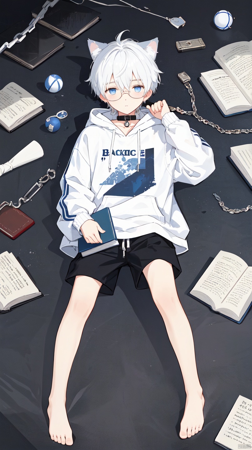  (1boy:1.3), ball and chain restraint,(barefoot:1.1), Cat Ear Boy,white hair, 16 years old, A white hoodie with an open dark blue assault suit on the outside, dark blue shorts, white sneakers,bdsm, bondage, book, bound, broken, broken chain, chain, chained, collar, floating, floating book, floating object,(black glasses:1.2), handcuffs, holding book, long hair, metal collar, open book, scar, see-through, shackles, simple background, slave, solo, torn clothes, white background, wrist cuffs,