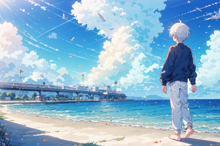 1boy, solo,whiter hair, shirt, standing, sky, barefoot, day,White pants,cloud, water, blue sky, ocean, cloudy sky, confetti, wide shot, surreal, whale,Seaside, mailbox,seagull,Turn your back to the audience,Road signs,Grey pants
, shota, sengoku shinobu