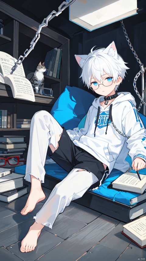  (1boy:1.3), ball and chain restraint,(barefoot:1.1), Cat Ear Boy,white hair, 16 years old, Deep blue open jacket,White hoodie inside, dark blue shorts, bondage, book, bound, broken, broken chain, chain, chained, collar, floating, floating book, floating object,(black glasses:1.2), handcuffs, holding book, metal collar, open book, scar, see-through, shackles, simple background, slave, solo, torn clothes, white background, wrist cuffs,