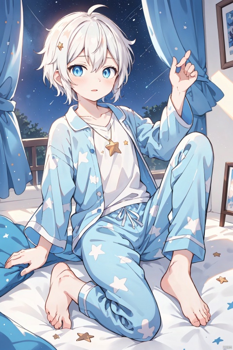  anime,8K,boy,Seventeen,whiter hair,blue eye,barefoot,Blue pajamas, Holding a five pointed star in hand, decorated with stars, dotted with dots