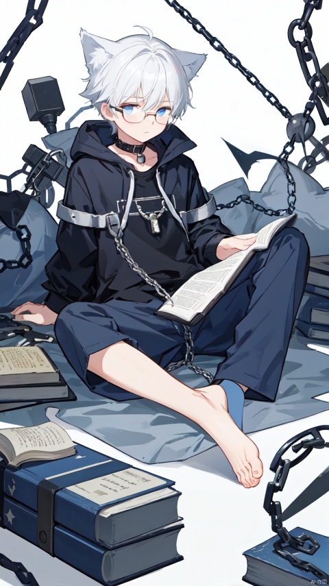  (1boy:1.3), ball and chain restraint,(barefoot:1.1), Cat Ear Boy,white hair, 16 years old, Dark blue open assault suit, dark blue shorts, bondage, book, bound, broken, broken chain, chain, chained, collar, floating, floating book, floating object,(black glasses:1.2), handcuffs, holding book, long hair, metal collar, open book, scar, see-through, shackles, simple background, slave, solo, torn clothes, white background, wrist cuffs,