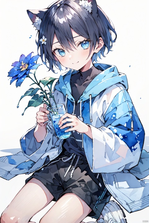  (watercolor:1.2),watercolor, 1boy, solo, 16 years old, White hoodie with dark blue jacket, dark blue shorts, white sneakers, Cat's ears,flower, white background, holding, blue eyes, simple background, holding flower, blue flower, short hair, bob cut, long sleeves, looking at viewer, bangs, wide sleeves, blush, smile, closed mouth, blue theme, watercolor,8k, sengoku shinobu, shota