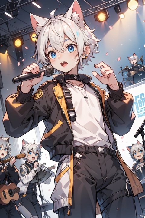  (best quality), (masterpiece),animated character, bad hands, boy, cat ears, singing, microphone, stage, vocal concert, anime style, detailed artwork, modern fashion, blue eyes, white hair, concert lighting, reflection, music sheets, sound equipment, dynamic pose, jacket, badges, harness, indoor setting, musical performance, high resolution, vibrant colors, action shot, focal blur background, shota