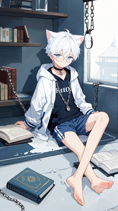  (1boy:1.3), ball and chain restraint,(barefoot:1.1), Cat Ear Boy,white hair, 16 years old, Deep blue open jacket,White hoodie inside, dark blue shorts, bondage, book, bound, broken, broken chain, chain, chained, collar, floating, floating book, floating object,(black glasses:1.2), handcuffs, holding book, metal collar, open book, scar, see-through, shackles, simple background, slave, solo, torn clothes, white background, wrist cuffs,