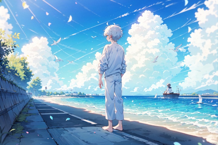 1boy, solo,whiter hair, shirt, standing, sky, barefoot, day,White pants,cloud, water, blue sky, ocean, cloudy sky, confetti, wide shot, surreal, whale,Seaside, mailbox,seagull,Turn your back to the audience,Road signs,Grey pants
, shota, sengoku shinobu