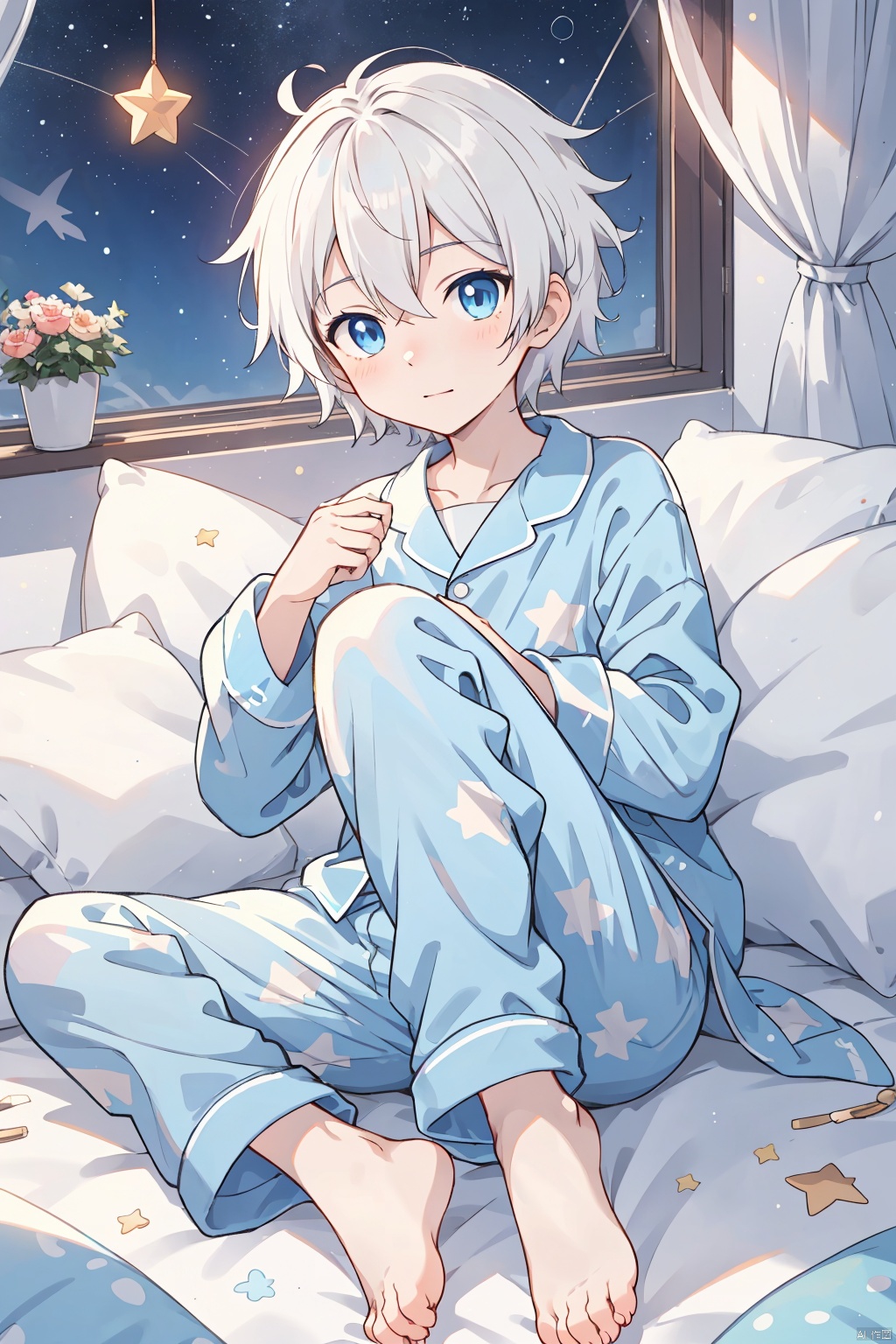  anime,8K,boy,Sixteen years old,whiter hair,blue eye,barefoot,Blue pajamas, Holding a five pointed star in hand, decorated with stars, dotted with dots