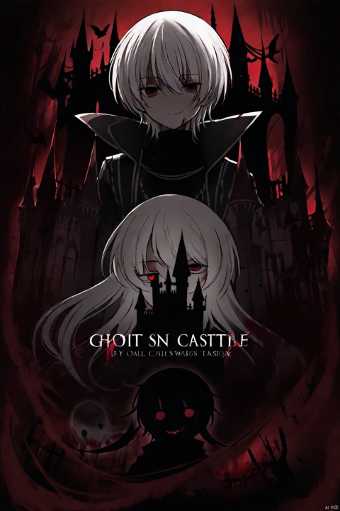 1boy,(shota:1.2),red eyes,expressionless,(white hair),(blood:1.2),(ghost castle:1.2),(english text),(silhouette),evil smile,cover,Text below,hoshi (snacherubi),upper_body
﻿