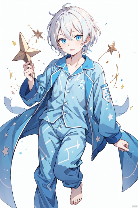  anime,8K,boy,Seventeen,whiter hair,blue eye,Blue pajamas, Holding a five pointed star in hand, decorated with stars, dotted with dots,Half-body