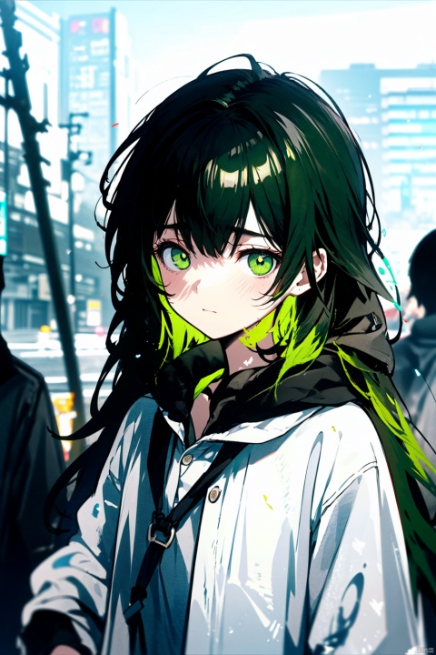  messy hair, dark green hair, very long hair, green eyes, bags under eyes, midjourney