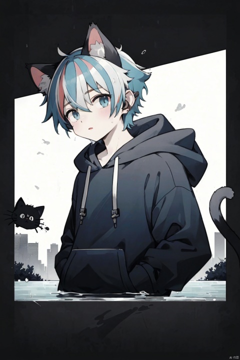 character name,1boy,solo,
Shadow face, blackened face,cyberpunk theme,e style thriller,
(Blue Hoodie:1.2),(whiter hair:1.5),(cat's ear:1.2),expressionless,
(masterpiece:1.1), (best quality:1.2), highres, original, extremely detailed wallpaper, official art, shota,rain,water,blood like river, heibai