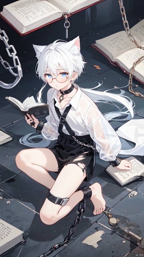 (1boy:1.3), ball and chain restraint,(barefoot:1.1), Cat Ear Boy,white hair,bdsm, bondage, book, bound, broken, broken chain, chain, chained, collar, floating, floating book, floating object,(black glasses:1.2), handcuffs, holding book, long hair, metal collar, open book, scar, see-through, shackles, simple background, slave, solo, torn clothes, white background, wrist cuffs,