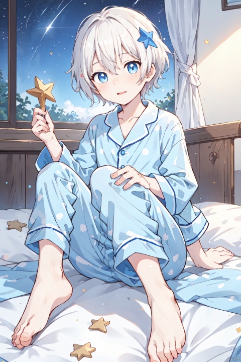  anime,8K,boy,juvenile,Seventeen,whiter hair,blue eye,barefoot,Blue pajamas, Holding a five pointed star in hand, decorated with stars, dotted with dots