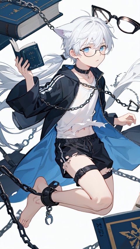  (1boy:1.3), ball and chain restraint,(barefoot:1.1), Cat Ear Boy,white hair, 16 years old, Dark blue open assault suit, dark blue shorts, bondage, book, bound, broken, broken chain, chain, chained, collar, floating, floating book, floating object,(black glasses:1.2), handcuffs, holding book, long hair, metal collar, open book, scar, see-through, shackles, simple background, slave, solo, torn clothes, white background, wrist cuffs,