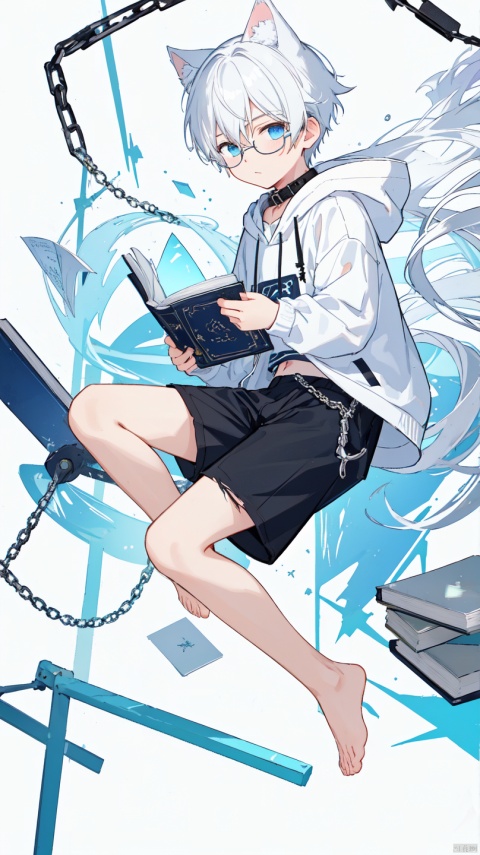  (1boy:1.3), ball and chain restraint,(barefoot:1.1), Cat Ear Boy,white hair, 16 years old, A white hoodie with an open dark blue assault suit on the outside, dark blue shorts, white sneakers,bdsm, bondage, book, bound, broken, broken chain, chain, chained, collar, floating, floating book, floating object,(black glasses:1.2), handcuffs, holding book, long hair, metal collar, open book, scar, see-through, shackles, simple background, slave, solo, torn clothes, white background, wrist cuffs,
