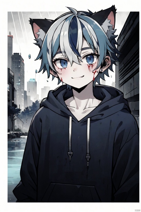 character name,1boy,solo,
Shadow face, blackened face,cyberpunk theme,e style thriller,
(Blue Hoodie:1.2),(whiter hair:1.5),(cat's ear:1.2),expressionless,evil smile,
(masterpiece:1.1), (best quality:1.2), highres, original, extremely detailed wallpaper, official art, shota,rain,water,blood like river, heibai