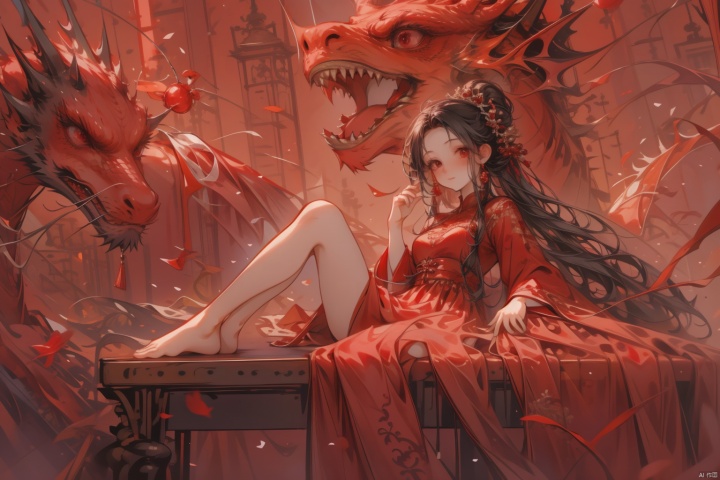 Bride, red dress, wedding dress, black hair, red eyes, red candle flame, colored bed, sitting, quiet, red lantern, barefoot, gentle, cute, dragon, high quality, wallpaper，(（1girl）)