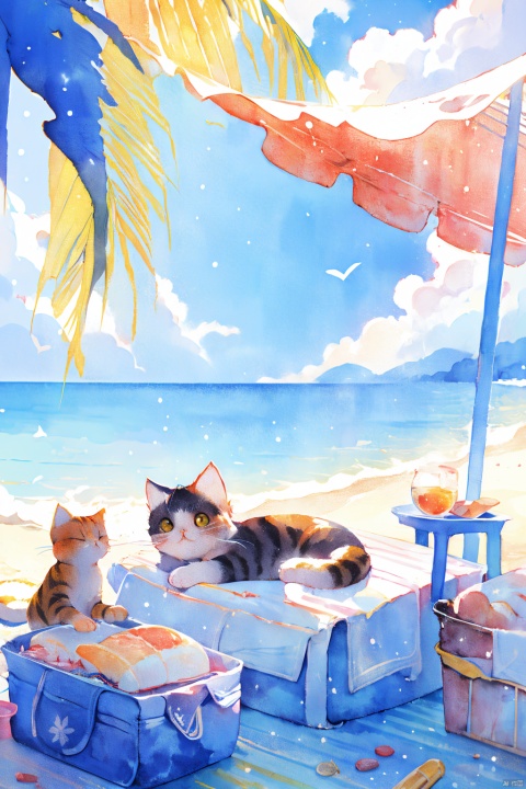  sunny,To play by the sea,
Bathing on the beach,
Camping, picnicking, feeling the wind.In Hainan, you can
Set up tables and chairs, put up a canopy, have wine and meat listen to the wind sleep.
At this time mood at this time day, nothing little fairy., light master, （maomika：1.2）,(cat:1.3),Lie on one's stomach, maomika, cat, Hanamawine,山水, watercolor \(medium\)