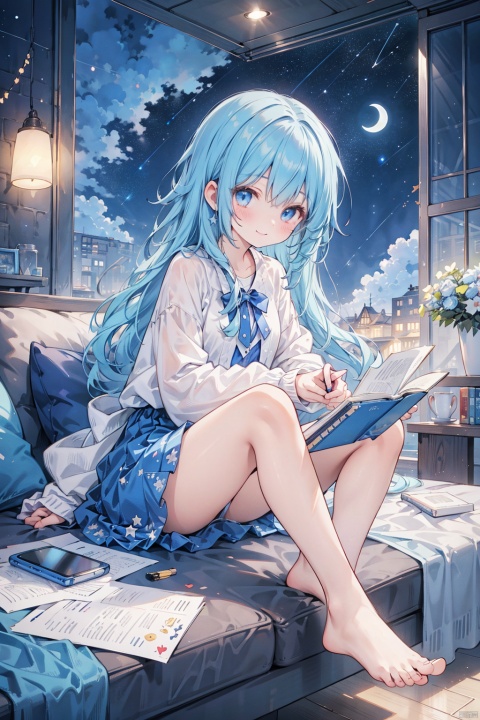  (masterpiece), (best quality), illustration, ultra detailed, hdr, Depth of field, (colorful), loli, star_\(sky\), starry_sky, space, shooting_star, 1girl, constellation, planet, night_sky, pencil, starry_sky_print, blue_eyes, night, palette_\(object\), earth_\(planet\), feet, phone, sky, solo, moon, barefoot, eraser, long_sleeves, blue_hair, book, looking_at_viewer, telescope, pen, shirt, cellphone, smile, card, paper, star_\(symbol\), handheld_game_console, notebook, galaxy, crescent_moon, clock, cloud, white_shirt, milky_way, cityscape, globe, light_particles