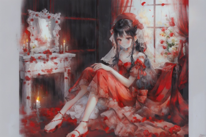  Bride, red dress, wedding dress, black hair, black eyes, red candle flame, colored bed, sitting, quiet, barefoot, gentle, cute,high quality, wallpaper,flowers,(（1girl）),（solo:1.2）,Bows, ribbons, dresses, felt hats, hair strands, cuties, leg loops