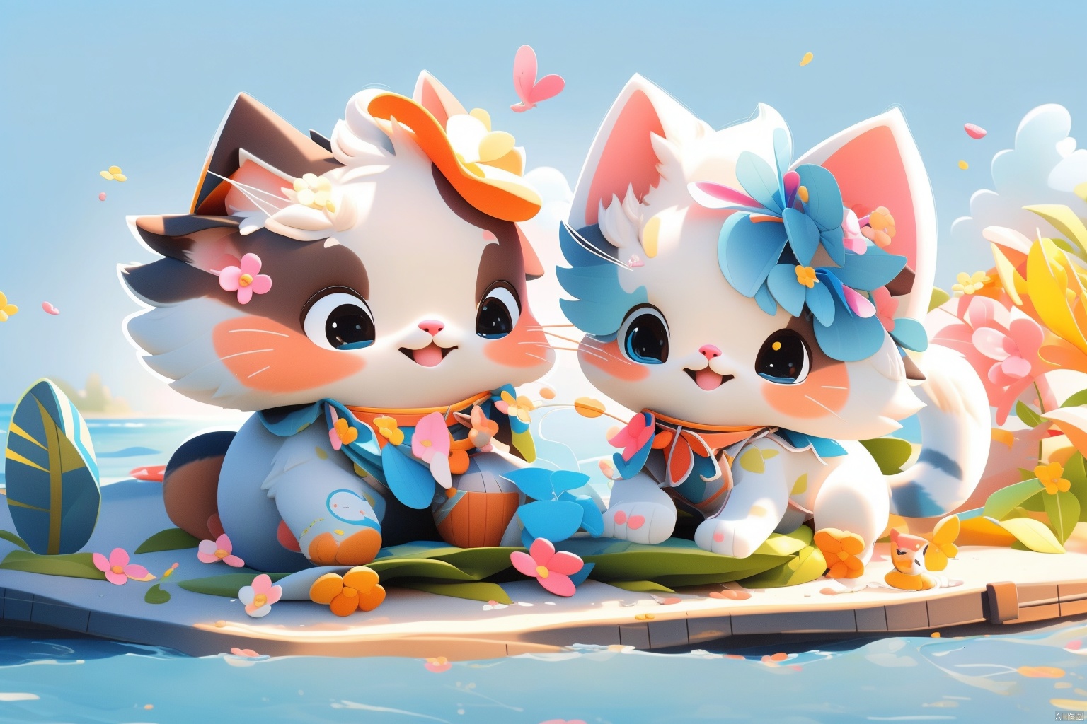  sunny,To play by the sea,
Bathing on the beach,
Camping, picnicking, feeling the wind.In Hainan, 
At this time mood at this time day, nothing little fairy., light master, （maomika：1.2）,(1cat:1.3),Lie on one's stomach, maomika, cat, Hanamawine, three views,cure, chibi, MG xiongmao, Dog_Teddy,